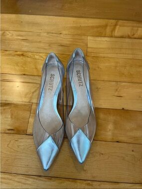SCHUTZ Silver Pointed-Toe Kitten Heels with Clear Panels